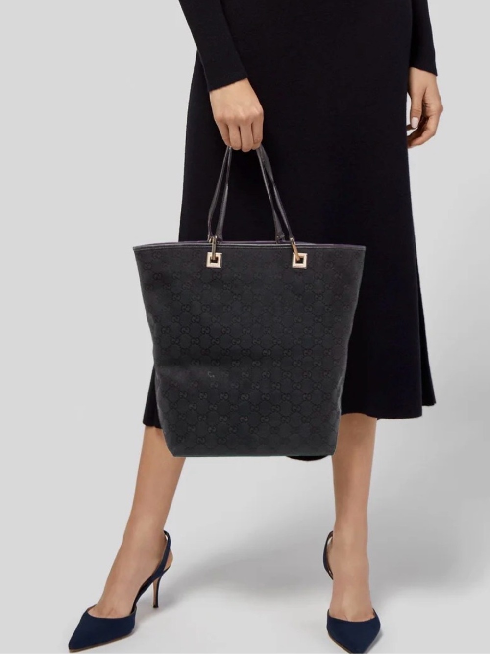 Gucci GG Black Canvas and Leather Tote with Gold Hardware Authentic